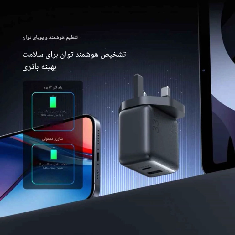 شارژر 33 وات GaN| اورایمو 3پین با کابل تایپ سی مدل PowerGan 33 Pro